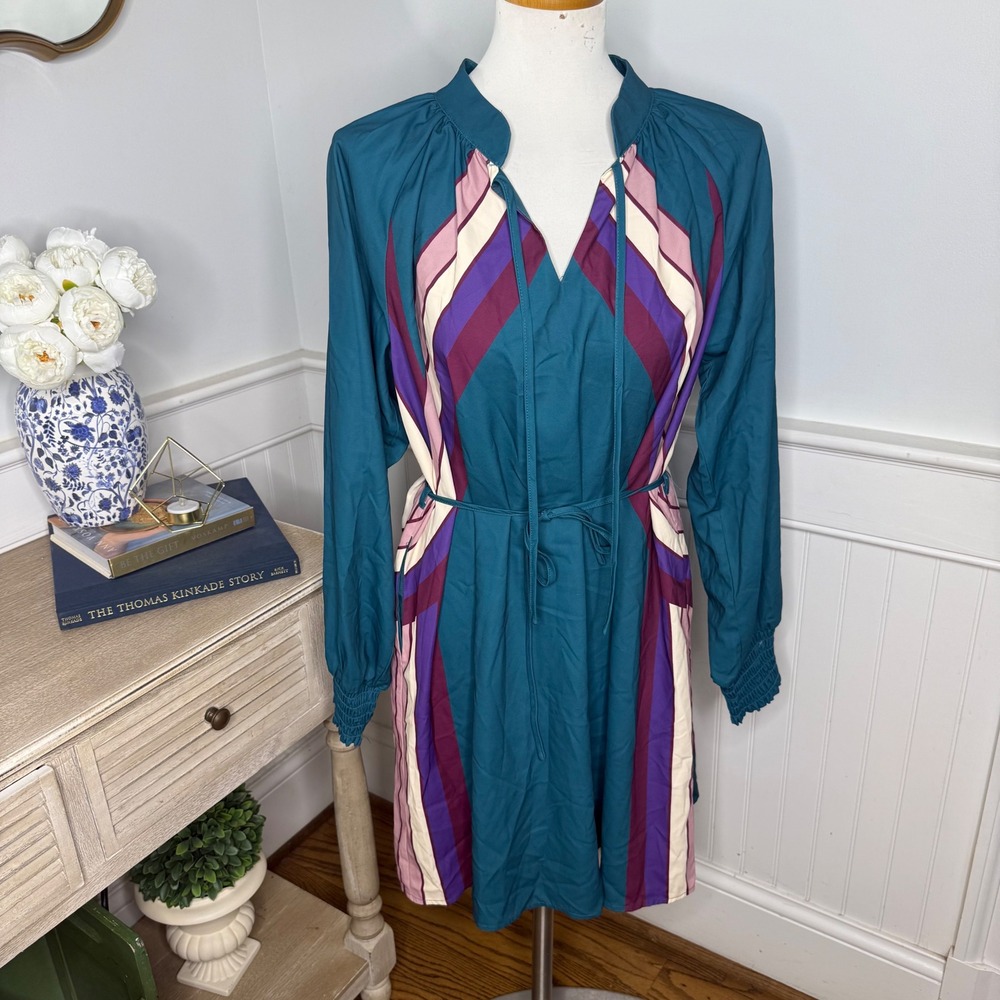 Ciebon Teal Chevron Stripe Long Sleeve Mini Dress XL Pink Purple Geometric Tie